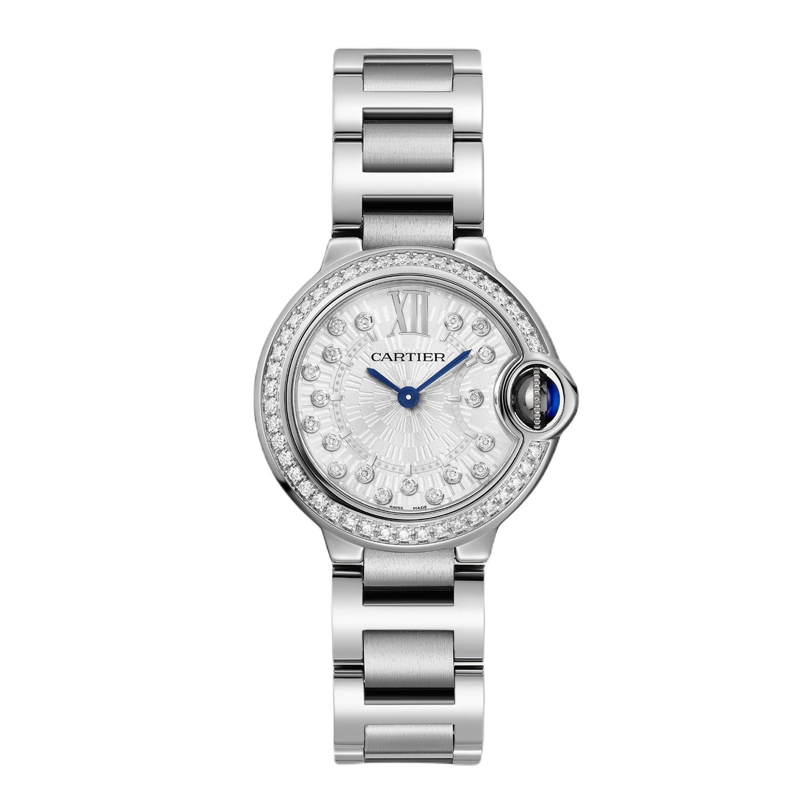 Ballon Bleu de Cartier watch, 28 mm, quartz movement Steel case, fluted steel crown set with a synthetic cabochon-shaped spinel. Ballon Bleu de Cartier watch, 28 mm, quartz movement Steel case, fluted steel crown set with a synthetic cabochon-shaped spinel. image