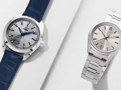 Interest Free Credit banner with image of Omega and TAG Heuer watches on white background image