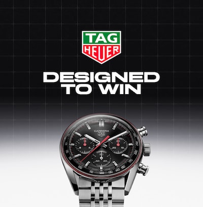 Tag Heuer Carrera Glassbox watch banner with TAG Heuer logo and text Designed to Win image