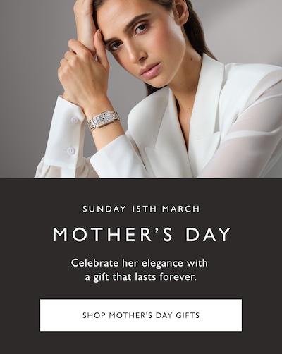 Mothers Day Campaign banner with text on the left - Sunday 15th March - Mother's Day -  Celebrate her elegance with  a gift that lasts forever. - Shop Mother's Day Gifts. On the right image of woman wearing Longines watch. image